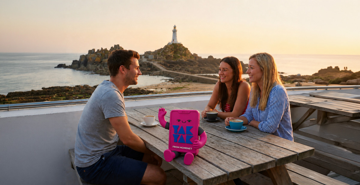 Friends chatting over coffee at La Corbière with the YakYak mascot on the table